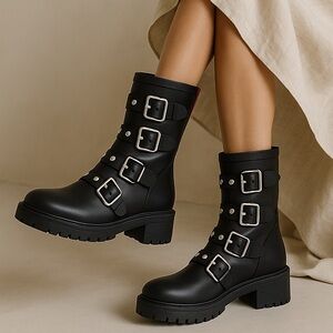 Steve Madden Black Thunder Rain Rubber Combat Mid Calf Boots Size 7